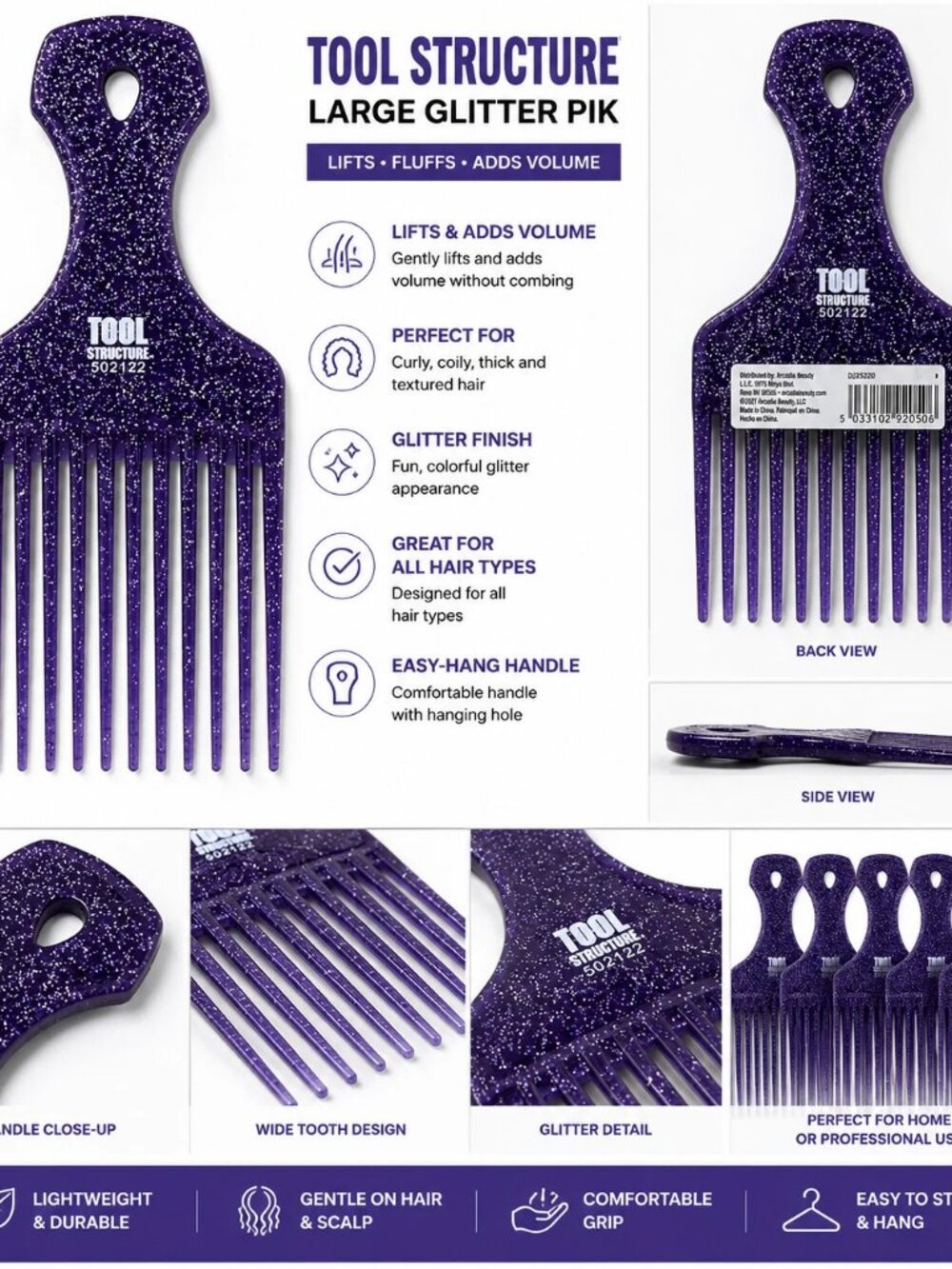 Tool Structure Large Glitter Pik Purple Hair Pick